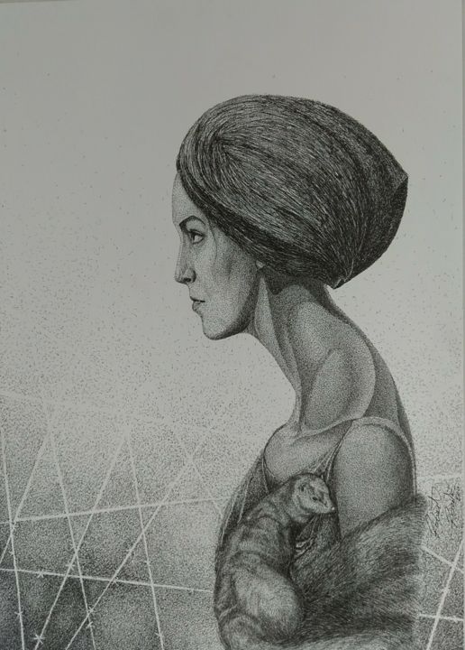 Desenho intitulada "Łasiczka" por Robert Aleksander Rożek, Obras de arte originais, Tinta