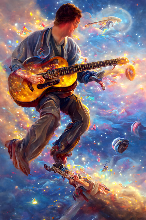 Digitale Kunst getiteld "Gitarrist im Univer…" door Robert Kouba, Origineel Kunstwerk, AI gegenereerde afbeelding