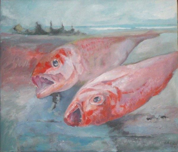Painting titled "poissons flammes" by Robert Labor, Original Artwork