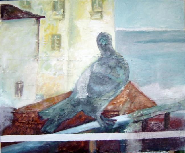 Peinture intitulée "Pigeon sur les toits" par Robert Labor, Œuvre d'art originale, Huile
