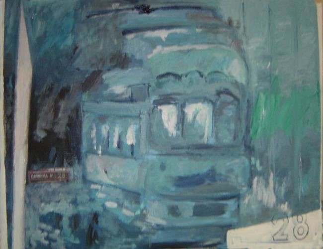 Painting titled "Tram bleu variations" by Robert Labor, Original Artwork, Oil