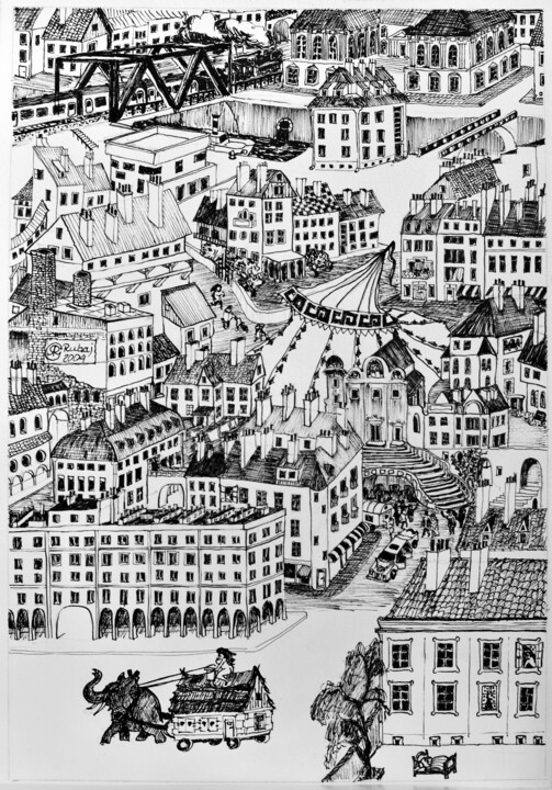 Desenho intitulada "miasto" por Robert Rubaj, Obras de arte originais, Tinta