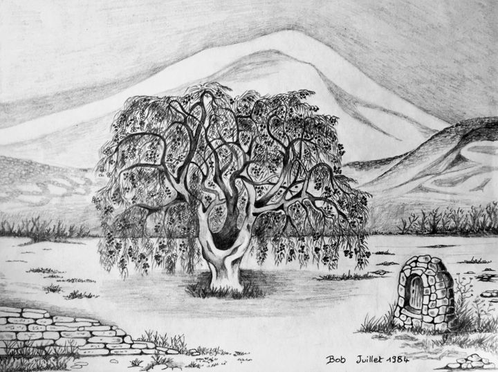 Drawing titled "Cerisier devant le…" by Bob, Original Artwork, Pencil