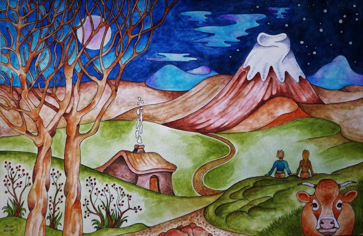 Pintura intitulada "Le volcan garni de…" por Bob, Obras de arte originais, Tinta