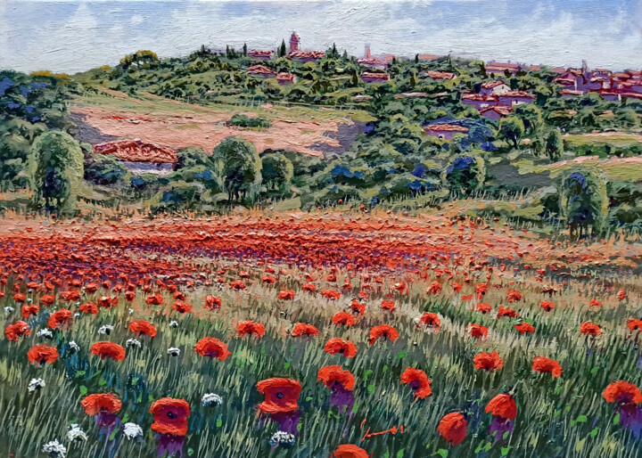 Pintura intitulada "Red blooming under…" por Roberto Gai, Obras de arte originais, Óleo Montado em Armação em madeira