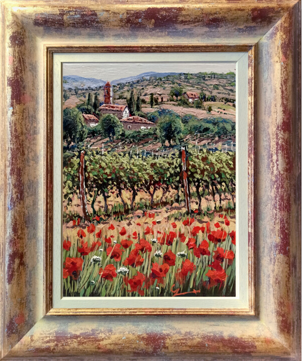 Painting titled "Vineyard & Poppies…" by Roberto Gai, Original Artwork, Oil Mounted on Wood Stretcher frame