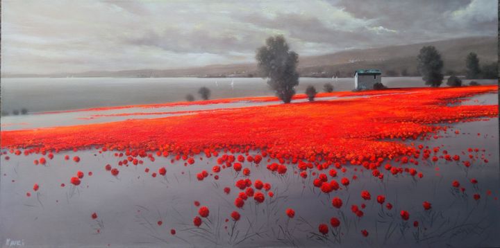 제목이 ""Paesaggio" (red)"인 미술작품 Roberto Mauri로, 원작, 기름 나무 들것 프레임에 장착됨
