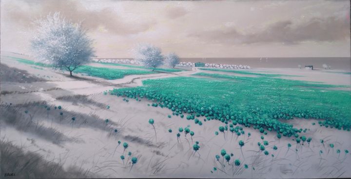 제목이 ""Paesaggio" (green)"인 미술작품 Roberto Mauri로, 원작, 기름 나무 들것 프레임에 장착됨