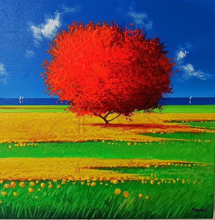 Painting titled "Red color landscape" by Roberto Mauri, Original Artwork, Oil