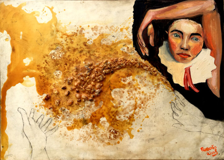 Painting titled "Arlequín" by Roberto Rivas, Original Artwork, Oil Mounted on Wood Panel