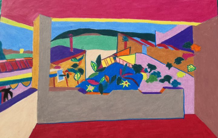 Painting titled "Cabras dal terrazzo…" by Roberto Aere, Original Artwork, Pastel