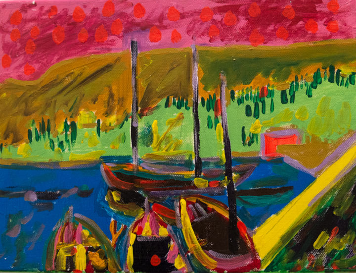 Painting titled "barche sul lago" by Roberto Aere, Original Artwork, Acrylic