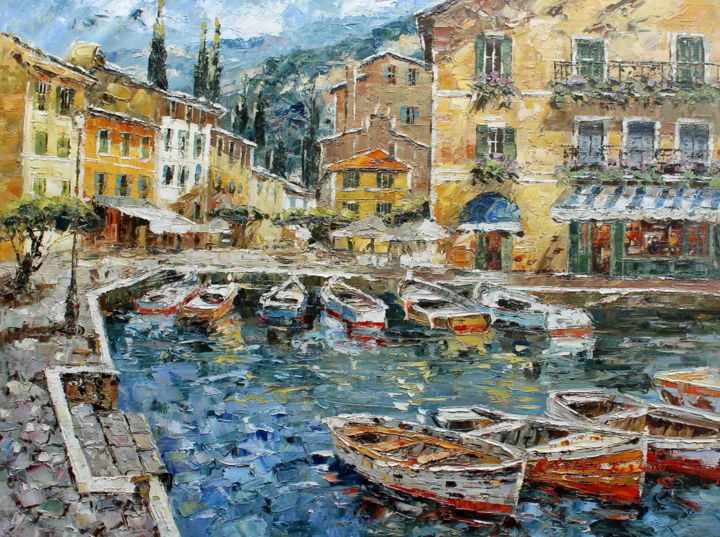 Painting titled "Boat by Lake Garda" by Roberto Fisano, Original Artwork, Oil