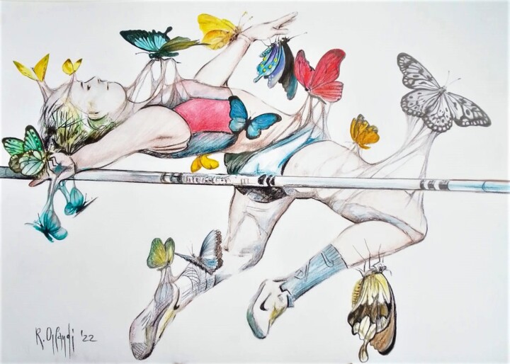 Disegno intitolato "salto in alto" da Roberto Orlandi, Opera d'arte originale, Matita
