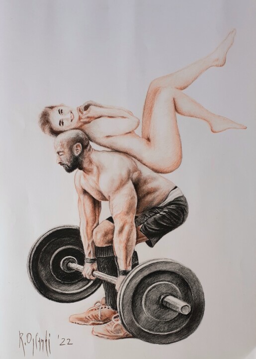 Disegno intitolato "sollevamento pesi" da Roberto Orlandi, Opera d'arte originale, Matita