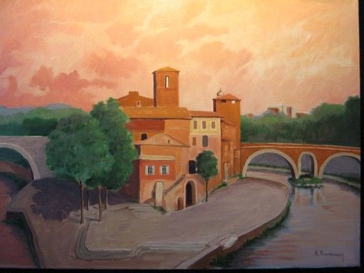 Pittura intitolato "isola Tiberina" da Roberto Romani, Opera d'arte originale, Olio