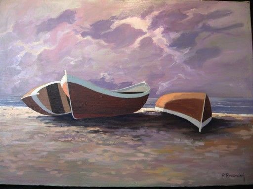Pittura intitolato "riposo di barche" da Roberto Romani, Opera d'arte originale, Olio