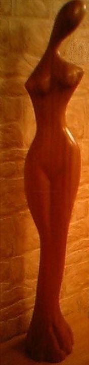 Sculpture titled "Une fille timide" by Robert Rachel, Original Artwork, Wood