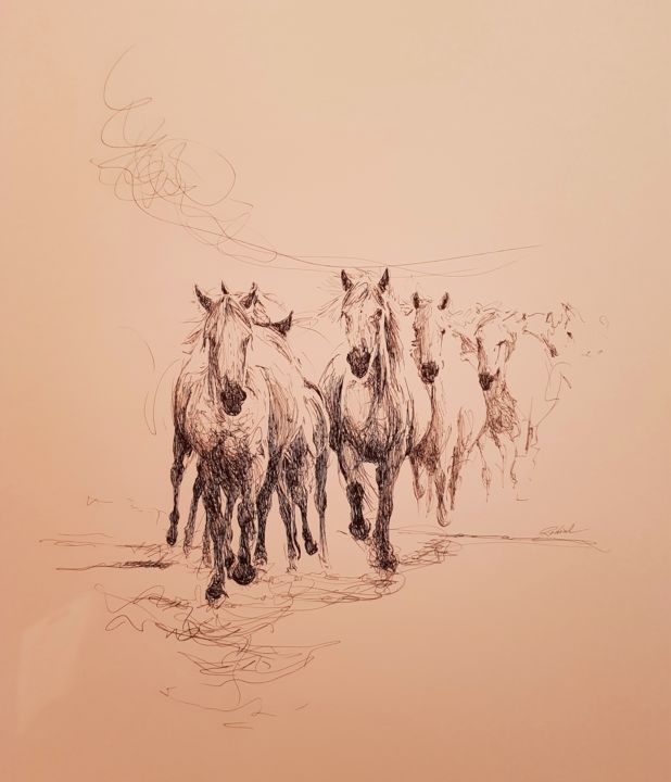 제목이 "Chevaux"인 그림 Karl Robial로, 원작, 잉크