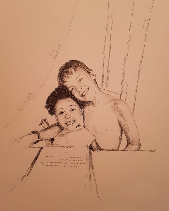 Drawing titled "Children" by Karl Robial, Original Artwork, Ink