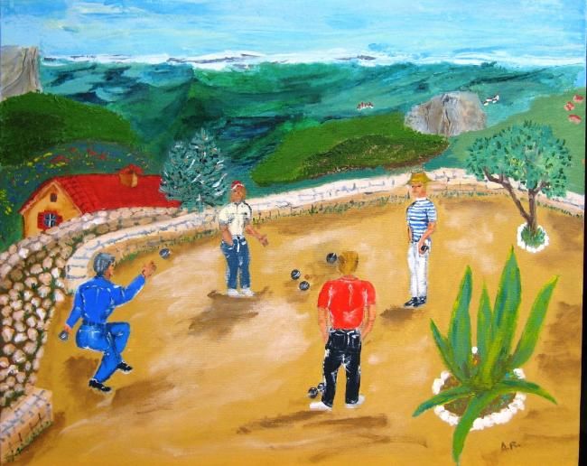 Painting titled "Partie de pétanque" by A.R, Original Artwork