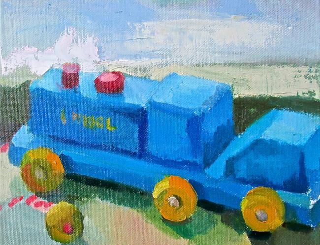 Malerei mit dem Titel "Playskool Train" von Robin Frey, Original-Kunstwerk, Öl