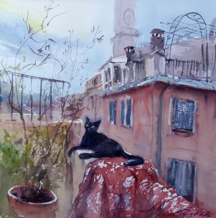 Painting titled "minette" by Jean-Yves Roblès, Original Artwork, Watercolor