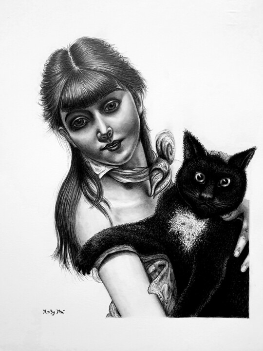 "Girl whit a black c…" başlıklı Resim Roby Bí tarafından, Orijinal sanat, Grafit