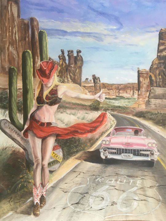 Pittura intitolato "Country Road ,  Que…" da Rocha  ,Pin-Up-Style-Painting-Art, Opera d'arte originale, Olio