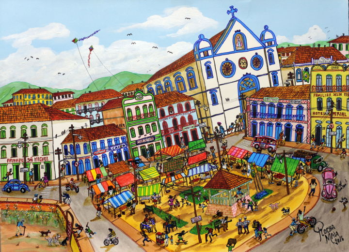 Pintura intitulada "Dia de Feira Livre…" por Rocha Maia, Obras de arte originais, Acrílico