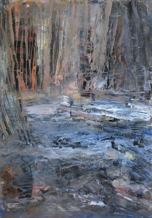 Painting titled "Sous Bois" by Roche Marie T., Original Artwork, Oil Mounted on Cardboard