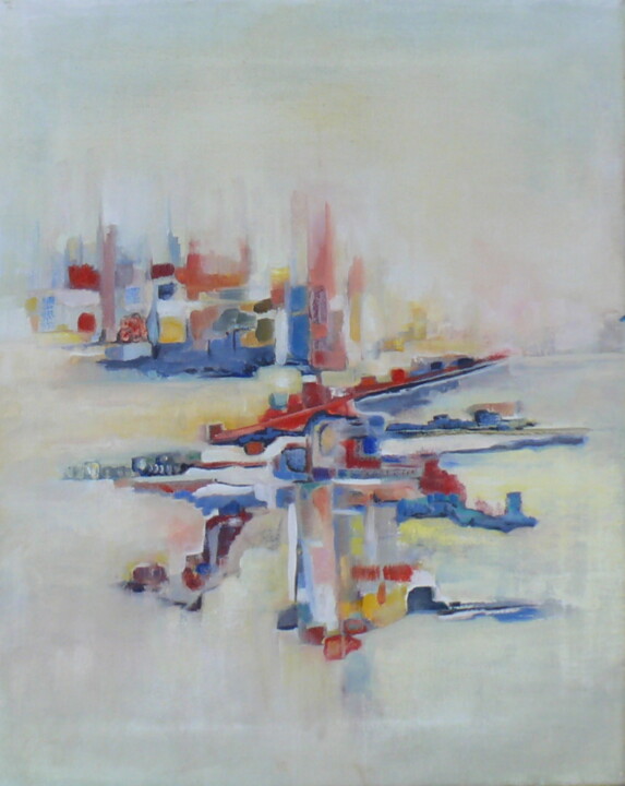 Painting titled "Impressions urbaines" by Roche Marie T., Original Artwork, Oil Mounted on Wood Stretcher frame