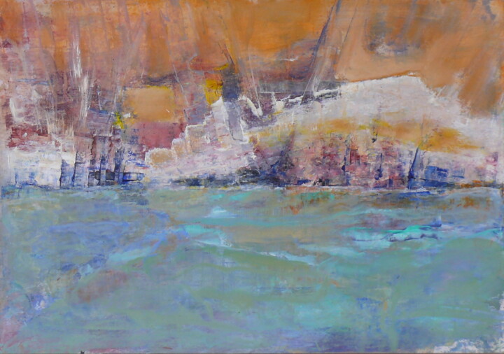 Painting titled "Lagune" by Roche Marie T., Original Artwork, Oil Mounted on Cardboard