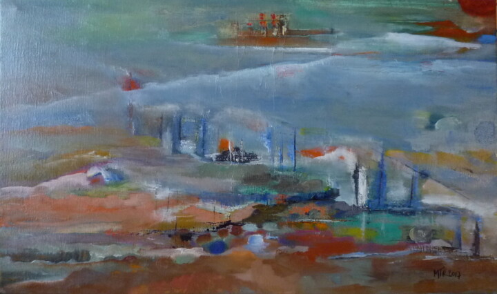 Painting titled "Riverains" by Roche Marie T., Original Artwork, Oil Mounted on Wood Stretcher frame