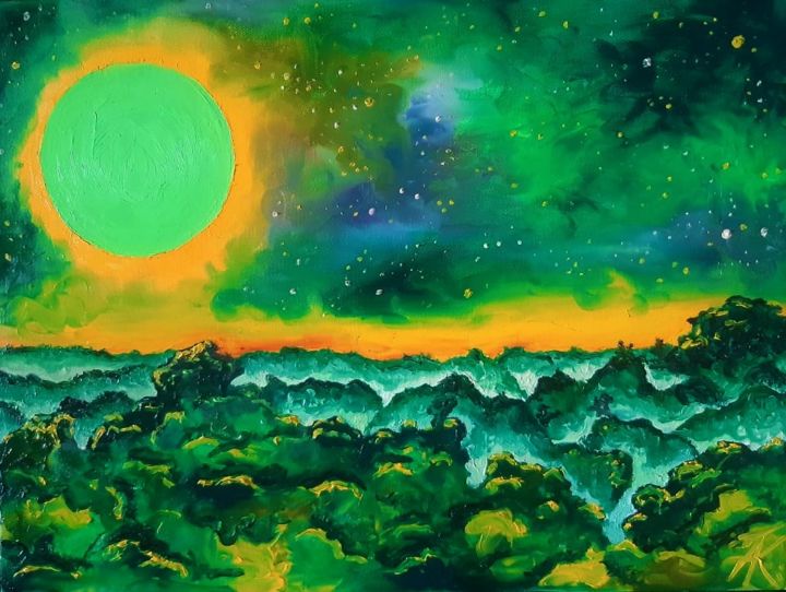Painting titled "Green, green planet" by Rockate, Original Artwork, Oil