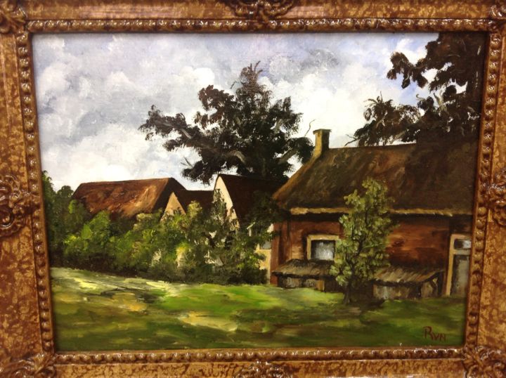 Painting titled "Dutch village on au…" by Rodica Van Nieuwenhuize, Original Artwork, Oil