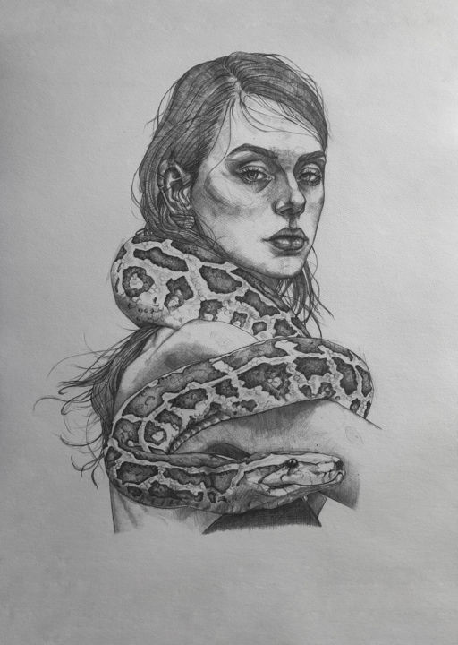 Drawing titled "The Serpent" by Rodion Rodionov, Original Artwork, Pencil