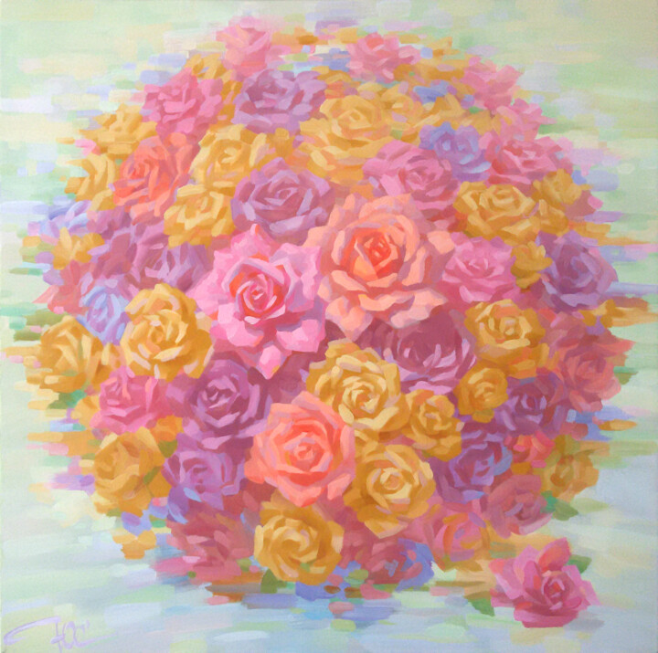 Ζωγραφική με τίτλο "Planet of roses" από Yuriy Sidorenko, Αυθεντικά έργα τέχνης, Ακρυλικό Τοποθετήθηκε στο Ξύλινο φορείο σκε…
