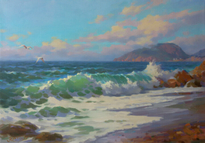 Painting titled "View of Ayu-Dag" by Yuriy Sidorenko, Original Artwork, Oil Mounted on Wood Stretcher frame