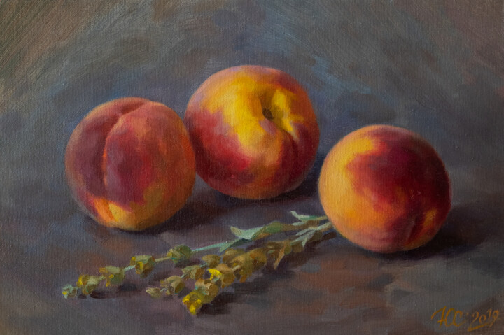 Peinture intitulée "Peaches and lemongr…" par Yuriy Sidorenko, Œuvre d'art originale, Huile Monté sur Châssis en bois