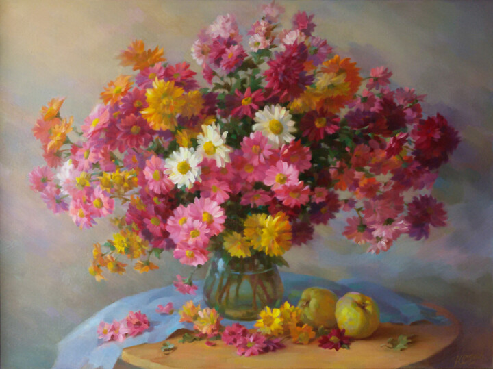 Painting titled "Bouquet from the he…" by Yuriy Sidorenko, Original Artwork, Oil Mounted on Wood Stretcher frame
