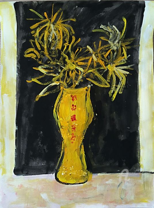 Painting titled "7 dahlias dans un v…" by Rodolphe Lavayssiere, Original Artwork, Gouache