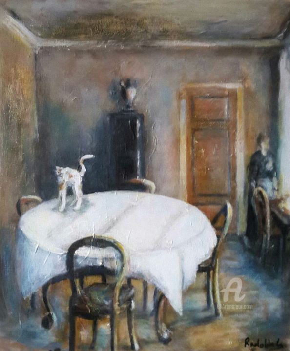 Peinture intitulée "Le chat sur la table" par Rodolphe Lavayssiere, Œuvre d'art originale, Acrylique
