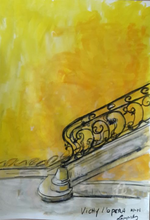 Painting titled "L'escalier de l'opé…" by Rodolphe Lavayssiere, Original Artwork, Gouache