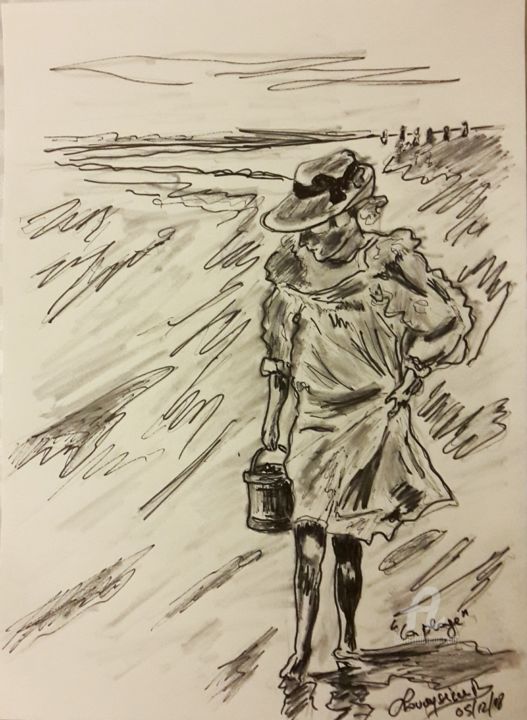 Dibujo titulada "La plage, femme qui…" por Rodolphe Lavayssiere, Obra de arte original, Tinta