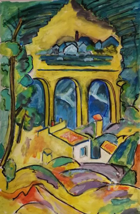Malerei mit dem Titel "Le pont du Gard" von Rodolphe Lavayssiere, Original-Kunstwerk, Acryl