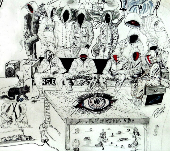 Dessin intitulée "La Famille à Capuche" par Rodolphe Persée, Œuvre d'art originale, Crayon