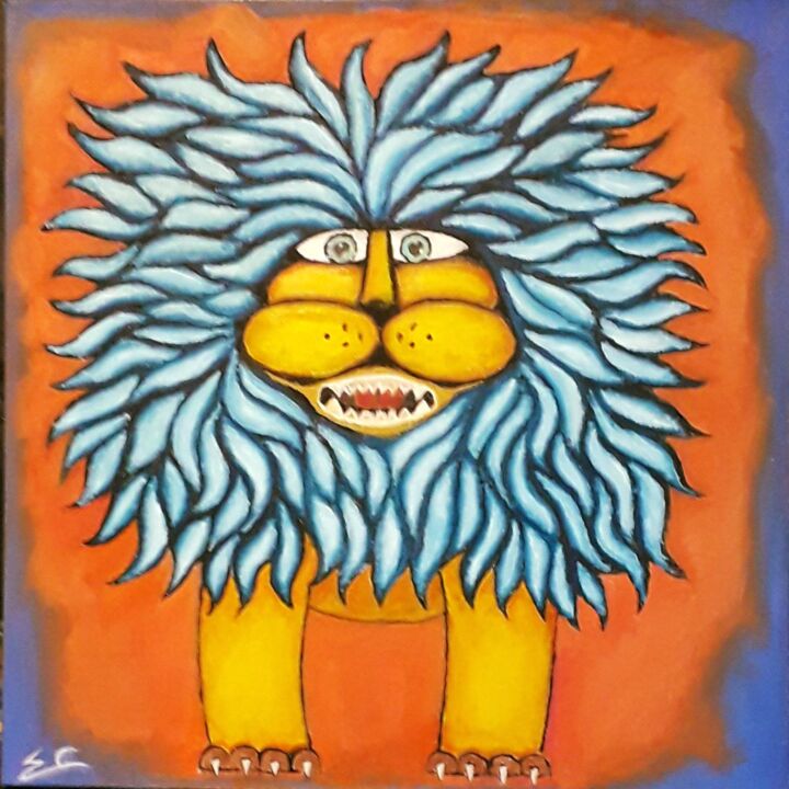 Painting titled "le lion de pixelus" by Rodolphe Quinet, Original Artwork, Oil Mounted on Wood Stretcher frame