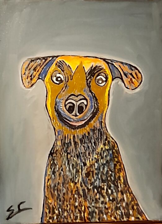 Painting titled "Le chien de l abbe…" by Rodolphe Quinet, Original Artwork, Oil Mounted on Wood Stretcher frame