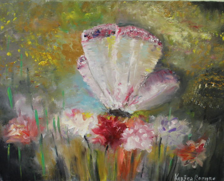 Картина под названием "Бабочка на цветке P…" - Karina Roenko, Подлинное произведение искусства, Масло